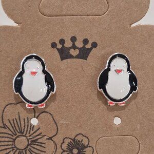 NOS Black White Orange Penguin Enamel Silver Stud Pierced Earrings Marked NR(c)